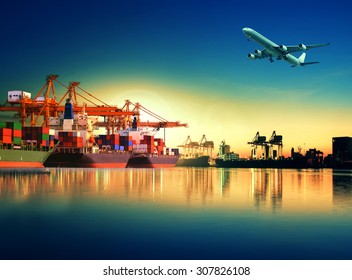 Cargo Plane Flying Above Ship In Port For Logistic And Transport Industry