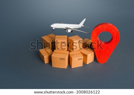 Cargo plane over boxes and red pin geolocation symbol. Services of express delivery and transportation of goods by plane. World trade and logistics. Business and commerce, import export of products.