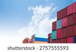 Cargo ship container goods export import international transport on blue sky background, warehouse industry business logistics transportation harbor port industrial shipping terminal cargo ship.