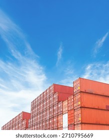 Cargo ship container goods export import international transport on blue sky background, warehouse industry business logistics transportation harbor port industrial shipping terminal cargo ship.