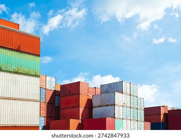 Cargo ship container goods export import international transport on blue sky background, warehouse industry business logistics transportation harbor port industrial shipping terminal cargo ship.