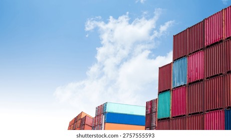 Cargo ship container goods export import international transport on blue sky background, warehouse industry business logistics transportation harbor port industrial shipping terminal cargo ship.