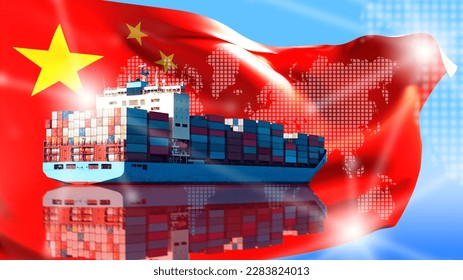 Cargo ship with containers. Flag of China. Sea import from prc. Cargo ship with China flag. Transportation on chinese sea vessel. Container ship for importing goods. Logistics, delivery