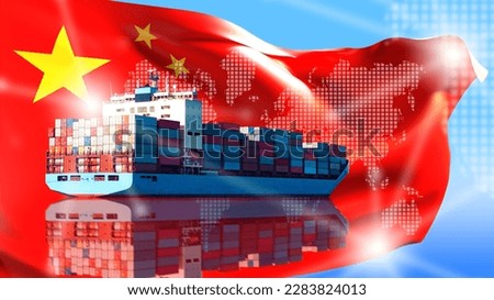 Cargo ship with containers. Flag of China. Sea import from prc. Cargo ship with China flag. Transportation on chinese sea vessel. Container ship for importing goods. Logistics, delivery