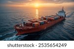 cargo ship with containers in the ocean at sunset