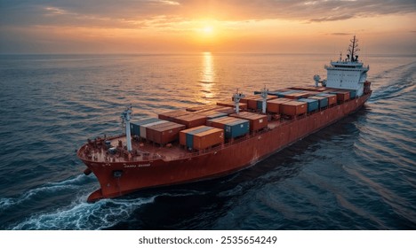 cargo ship with containers in the ocean at sunset - Powered by Shutterstock