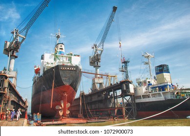 A Cargo Ship In Dry Dock