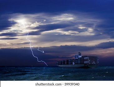Cargo Ship and Lightning over sea with dark clouds