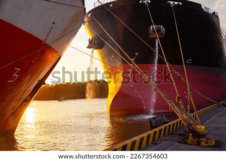 A cargo ship moored to the mooring bollard of the seaport with ropes.