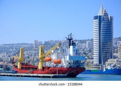 Cargo Ship In A Port Of Haifa