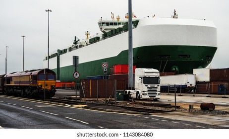 Cargo Ship In A Port Of Southampton