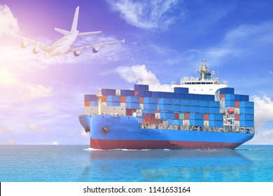 Cargo Ship Sailing In The Sea Go To Seaport For Logistics And International Shipping Containers, Cargo Vessels And Air Planes In The Night Sky, Ocean Freight Transportation.