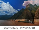 Cargo ship sailing through the gorge on the magnificent Yangtze River, China