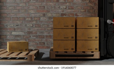 Cargo shipment loading for truck. Forklift loading cargo pallet shipment at warehouse. Freight industry warehouse logistics transport.