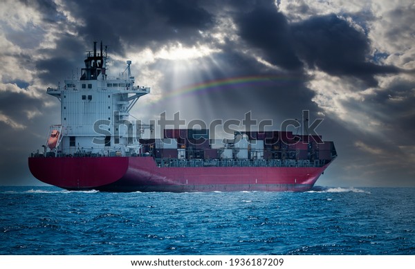 Cargo shipping\
transportation logistic commerce industry loading export on sea\
with blue cloud sky\
background.