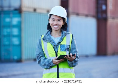 Cargo, Shipping And Warehouse Woman Manager On Digital Tablet At Factory Plant, Logistics Supply Chain Management. Portrait, Happy And Online Ecommerce Orders Asian Inspector Control Stock Delivery