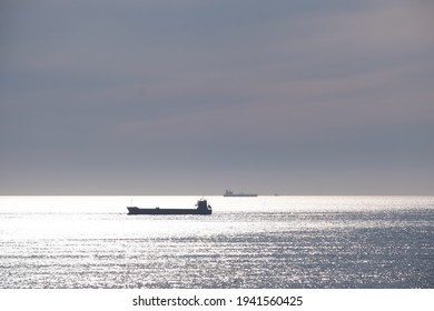 Cargo Ships In The North Sea Near The Coast Of Denmark