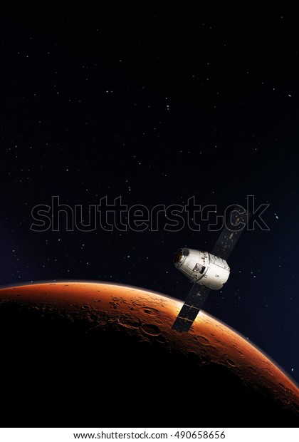 Cargo spaceship in the space and MARS dusk on the\
background. Elements of this image furnished by NASA. Astronomy and\
deep space conception. Cosmos. Colonization of Mars. Spacecraft\
Travel From Earth.