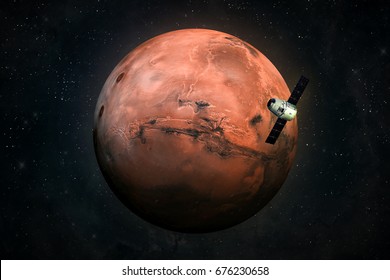 Cargo spaceship in the space and MARS on the background. Astronomy and deep space conception. Colonization of Mars. Elements of this image furnished by NASA