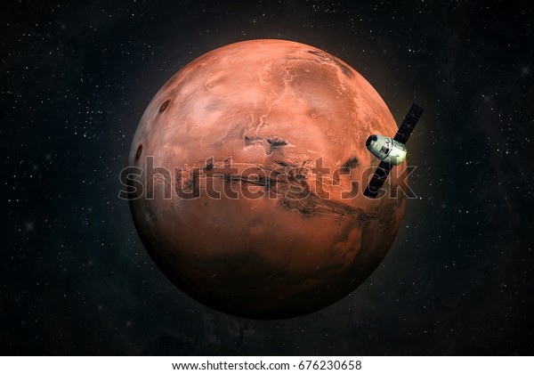Cargo spaceship in the space and MARS\
on the background. Astronomy and deep space conception.\
Colonization of Mars. Elements of this image furnished by\
NASA