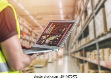 Cargo Staff Using Computer Laptop To Monitor Distribution Flow Control Inventory Products Warehouse Shipping Concept