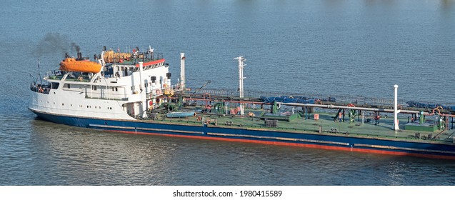 Cargo Tank Sailing On Water. Bulk Oil Carrier Ship