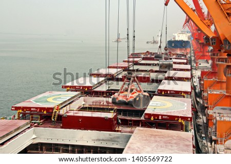 Cargo terminal for unloading grain cargo and containers by shore cranes. Port Guangzhou, China. February, 2019.