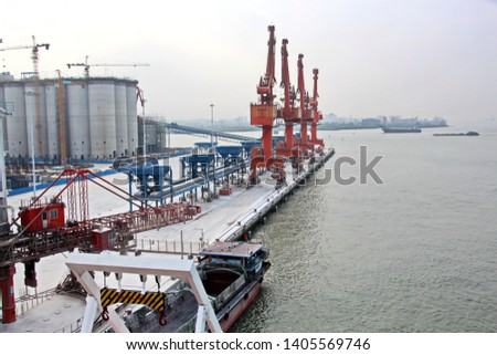 Cargo terminal for unloading grain cargo and containers by shore cranes. Port Guangzhou, China. February, 2019.
