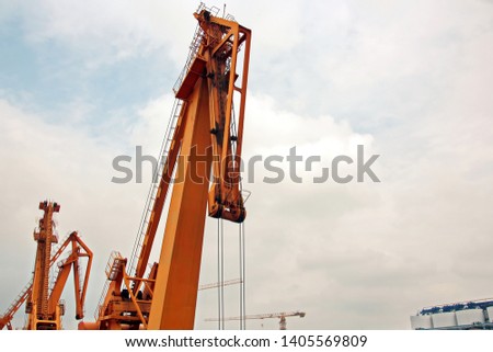 Cargo terminal for unloading grain cargo and containers by shore cranes. Port Guangzhou, China. February, 2019.