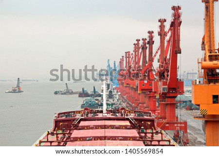Cargo terminal for unloading grain cargo and containers by shore cranes. Port Guangzhou, China. February, 2019.