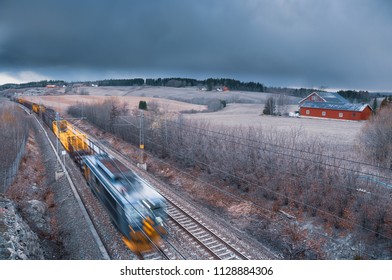 Cargo Train In Norway Near To Sky And As