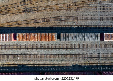 Cargo Train On The Tracks From Above