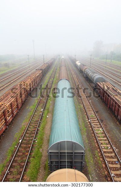 Cargo train\
platform with container,\
railway