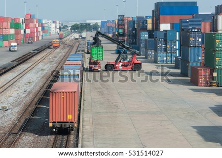 Cargo train platform with freight train container at depot in port use for export logistics background.