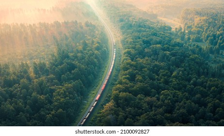 Cargo Train in summer morning forest at fog sunrise. Aerial view of moving freight train in forest. Morning mist landscape with train, railroad, foggy trees. Top aerial drone view near railway.