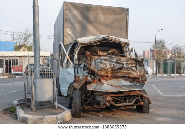 Cargo van broken in a road accident. Russia.\
Frontal collision