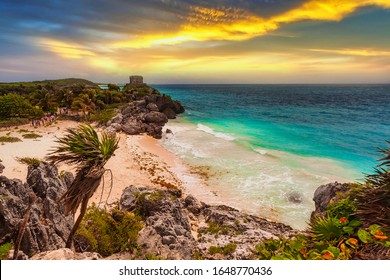 Caribbean Beach At The Cliff In Tulum At Sunset, Mexico