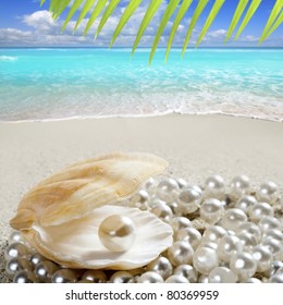 Caribbean Pearl Inside Clam Shell Over White Sand Beach In A Tropical Turquoise Sea [Photo Illustration]