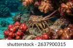 A Caribbean spiny lobster amidst vibrant coral reef underwater