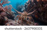 A Caribbean spiny lobster amidst vibrant coral reef underwater