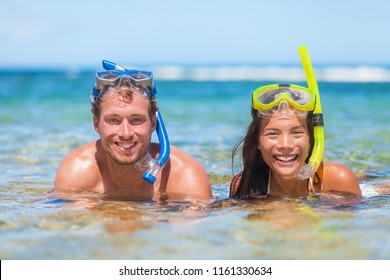 Caribbean Vacation Beach Fun Couple On Summer Holiday Swimming With Snorkel Mask ,ocean Watersport Activity.