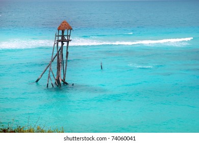 Caribbean Zip Line Tyrolean Turquoise Sea  In  Mexico