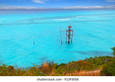 Caribbean Zip Line Tyrolean Turquoise Sea In  Mexico