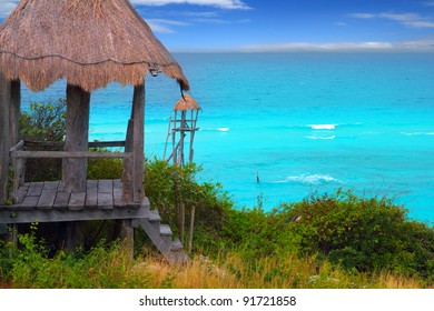 Caribbean Zip Line Tyrolean Turquoise Sea In  Mexico