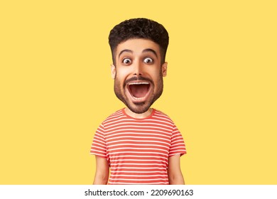 Caricature comic portrait of surprised funny young adult man looking at camera with open mouth and amazed big eyes, expressing astonishment. Indoor studio shot isolated on yellow background