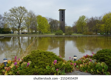 Carillon bell tower in Berlin Tiergarten and water bassin in the park