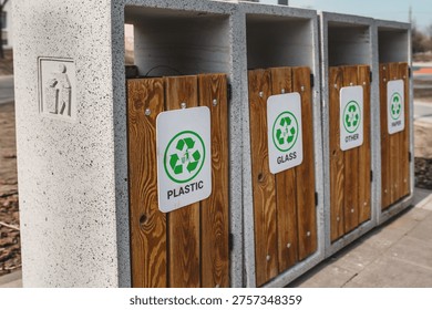Caring about an enviroment, separating garbage into different continers. Garbage bins for separate waste sorting in park. Separate garbage collection containers on a park. Collection of plastic, paper, glass and mixed wasted for further processing
