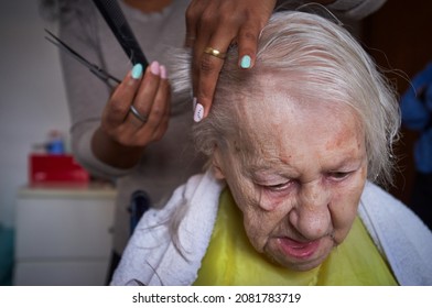 Caring African American Woman Caregiver, Cutting Her Elderly Woman Hair At Home
