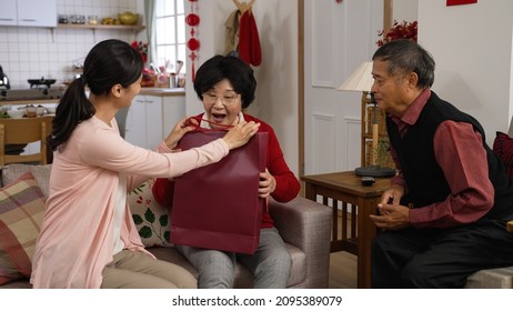 caring asian adult daughter going back to her mother's house during spring festival and giving gift bag to her elderly parents in the living room at home