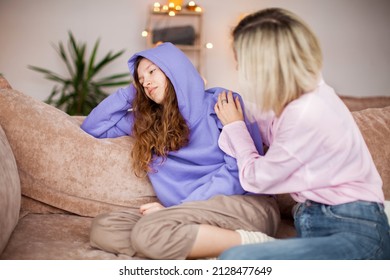 Caring Caucasian Mother Talk Comfort Unhappy Sad Teenage Daughter Suffering From School Bullying Or Psychological Problems, Loving Mom Support Make Peace With Depressed Introvert Teen Girl Child